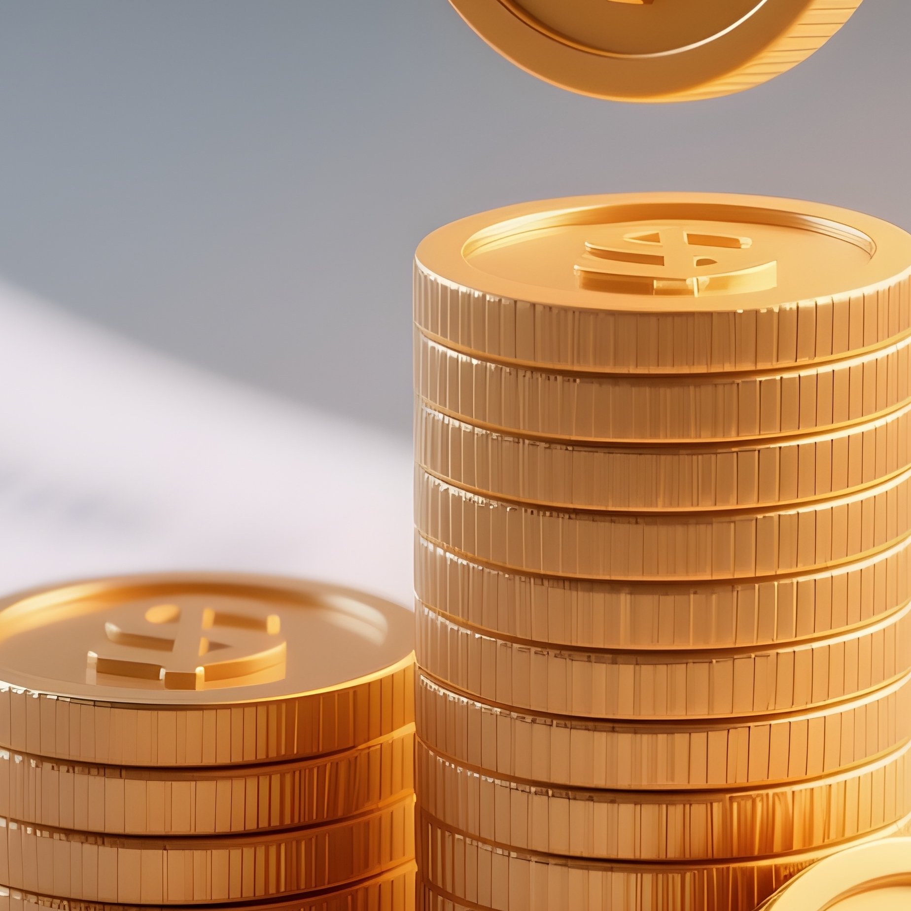 3D Rendered Rising Coins Icon — Photorealistic Coins Stacked Next To Accounting Sheets - Full Resolution Quality Preview