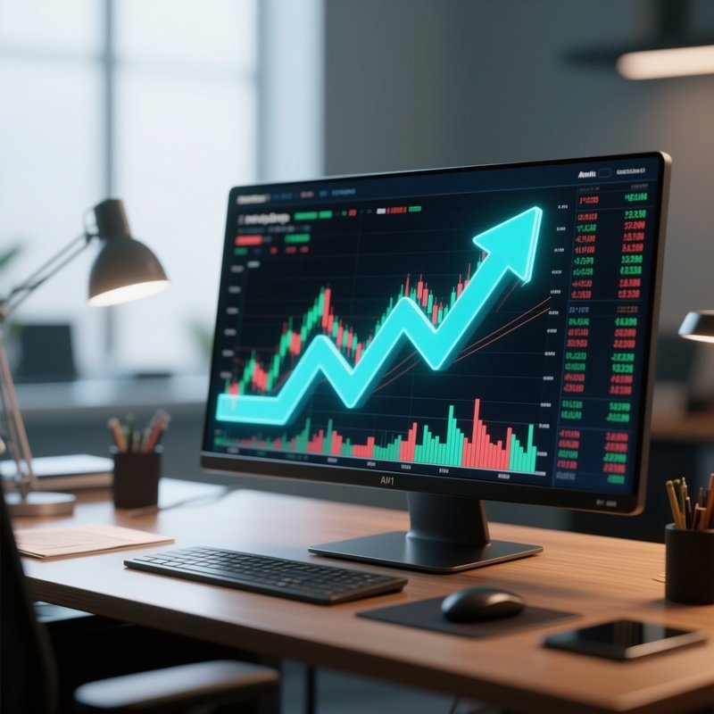 3D Rendered Rising Stock Arrow — Photorealistic Stock Screen On A Trading Desk