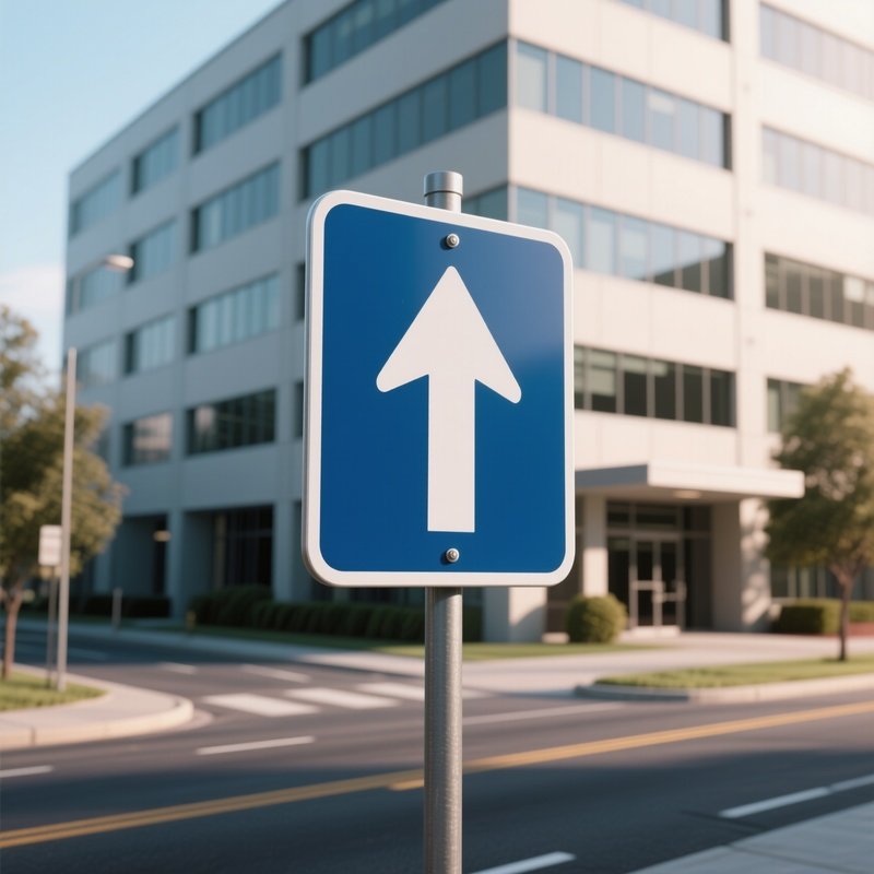 3D Rendered Road Sign Arrow Forward — Photorealistic Road Sign Outside An Office Building