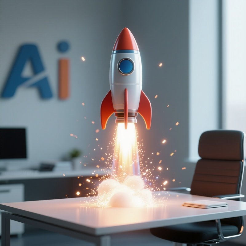 3D Rendered Rocket Icon Ascending With Particle Glow — Photorealistic Model Rocket Standing On A Startup’S Desk