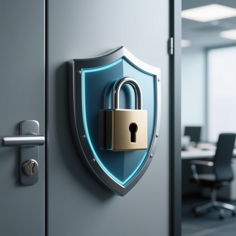 3D Rendered Secure Lock Inside A Shield — Photorealistic Office Door Security Lock