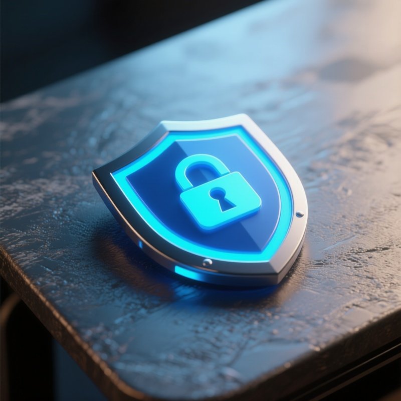 3D Rendered Shield Icon Glowing Blue — Photorealistic Security Badge Resting On A Textured Tabletop