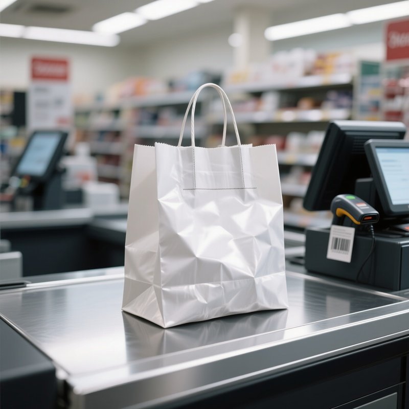 3D Rendered Shopping Bag Icon Photorealistic Shopping Bag Placed On A Checkout Counter
