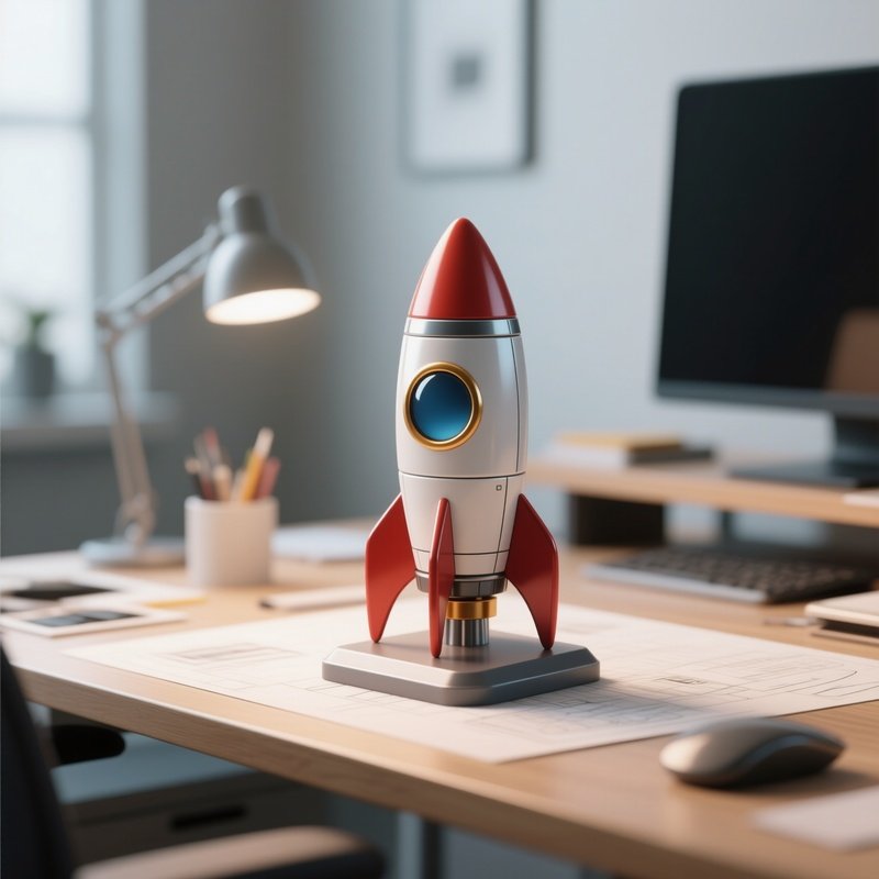3D Rendered Startup Rocket Symbol — Photorealistic Small Rocket Model On A Designer’S Desk