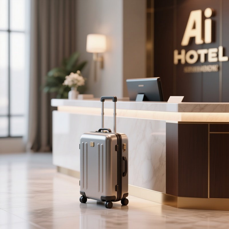 3D Rendered Suitcase Icon In Clean Geometry — Photorealistic Travel Suitcase Beside A Hotel Reception Desk