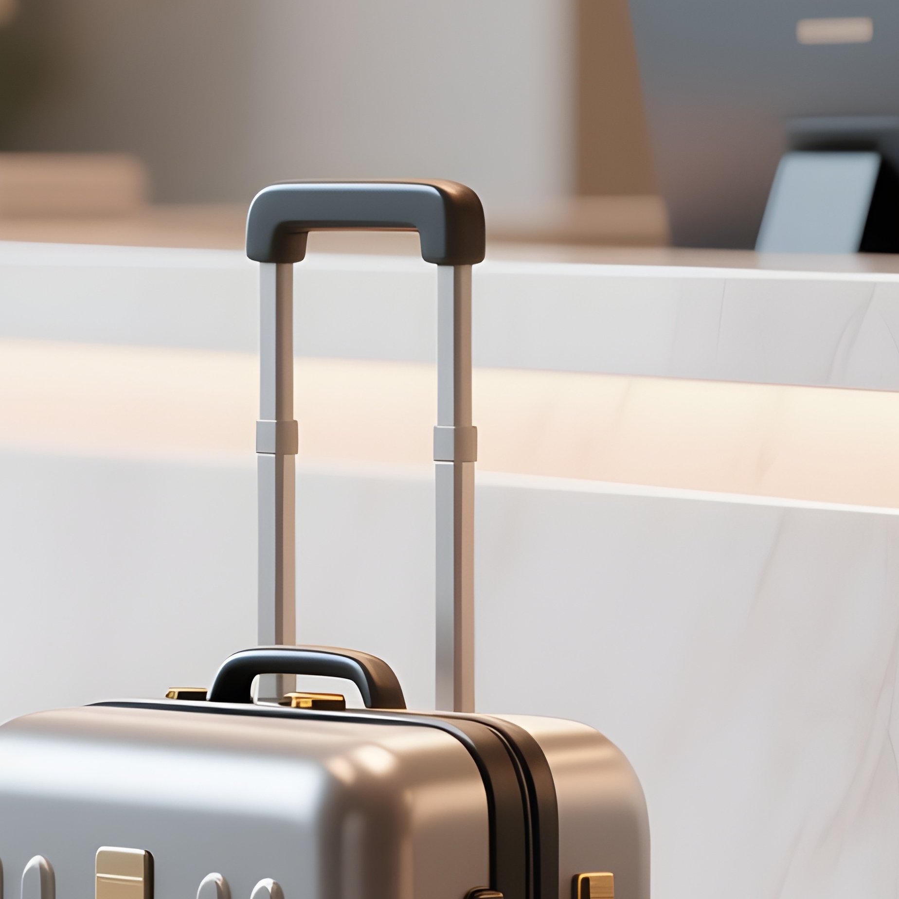3D Rendered Suitcase Icon In Clean Geometry — Photorealistic Travel Suitcase Beside A Hotel Reception Desk - Full Resolution Quality Preview