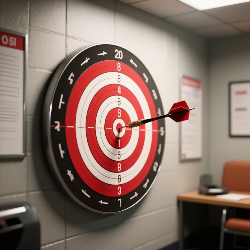 3D Rendered Target With Red Bullseye — Photorealistic Dartboard With A Dart In The Center In A Break Room