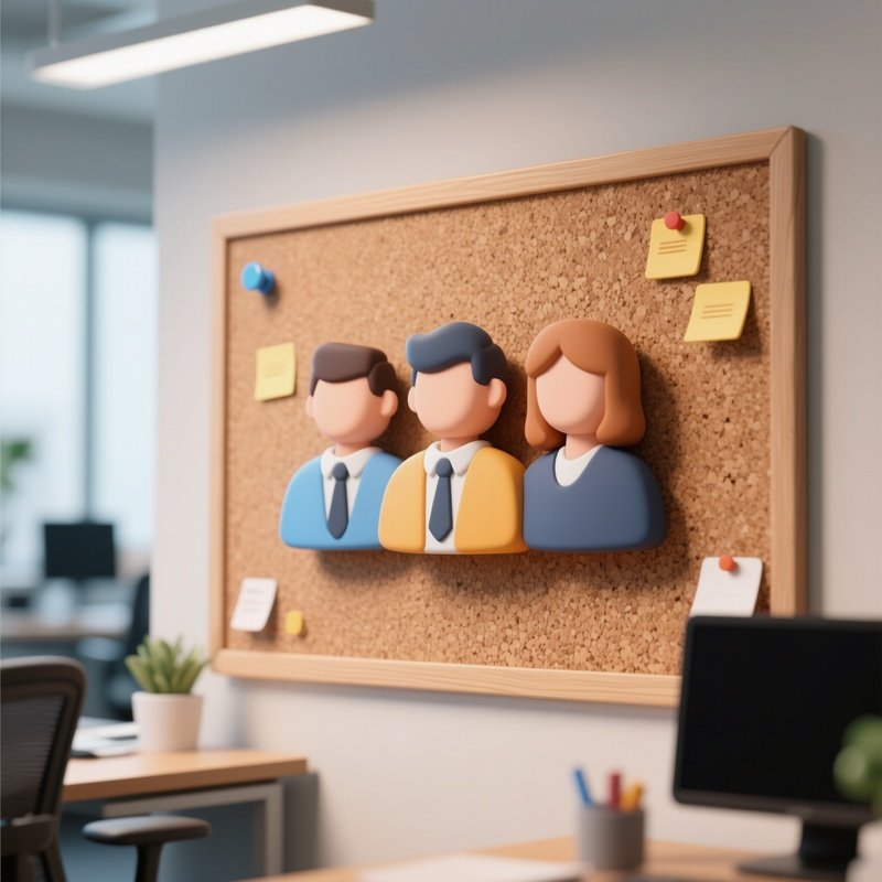 3D Rendered Team Icon With Stylized Human Figures — Photorealistic Team Photo On A Corkboard In A Workspace