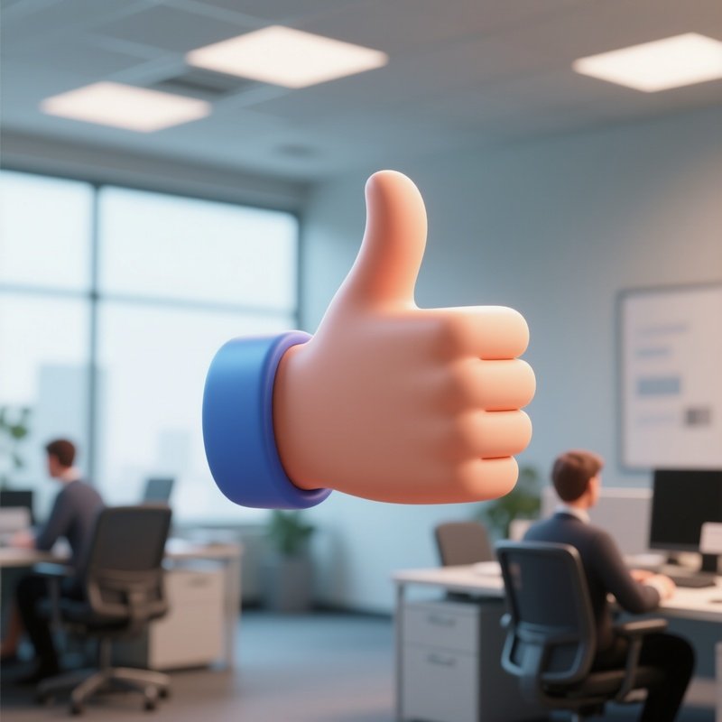3D Rendered Thumbs Up Symbol Hovering — Photorealistic Thumbs Up Gesture From A Colleague In An Office