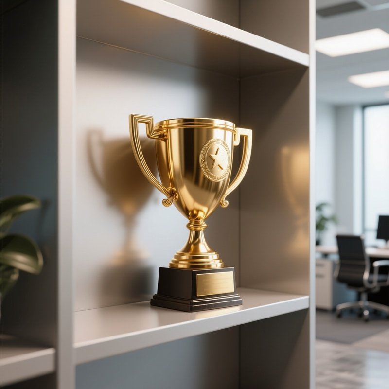 3D Rendered Trophy Icon In Gold Metallic Finish — Photorealistic Trophy On A Shelf In An Office Lobby