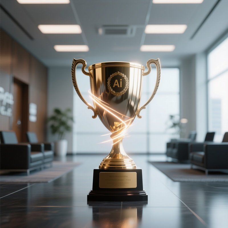 3D Rendered Trophy With Light Streaks — Photorealistic Award Trophy In A Corporate Lobby