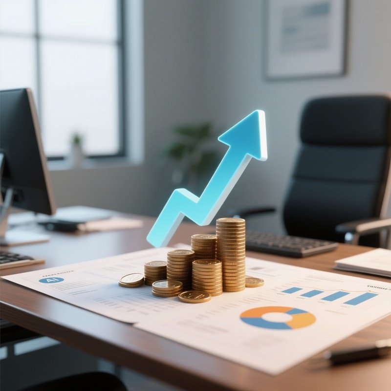 3D Rendered Upward Arrow Above Coins — Photorealistic Office Desk With Earnings Report