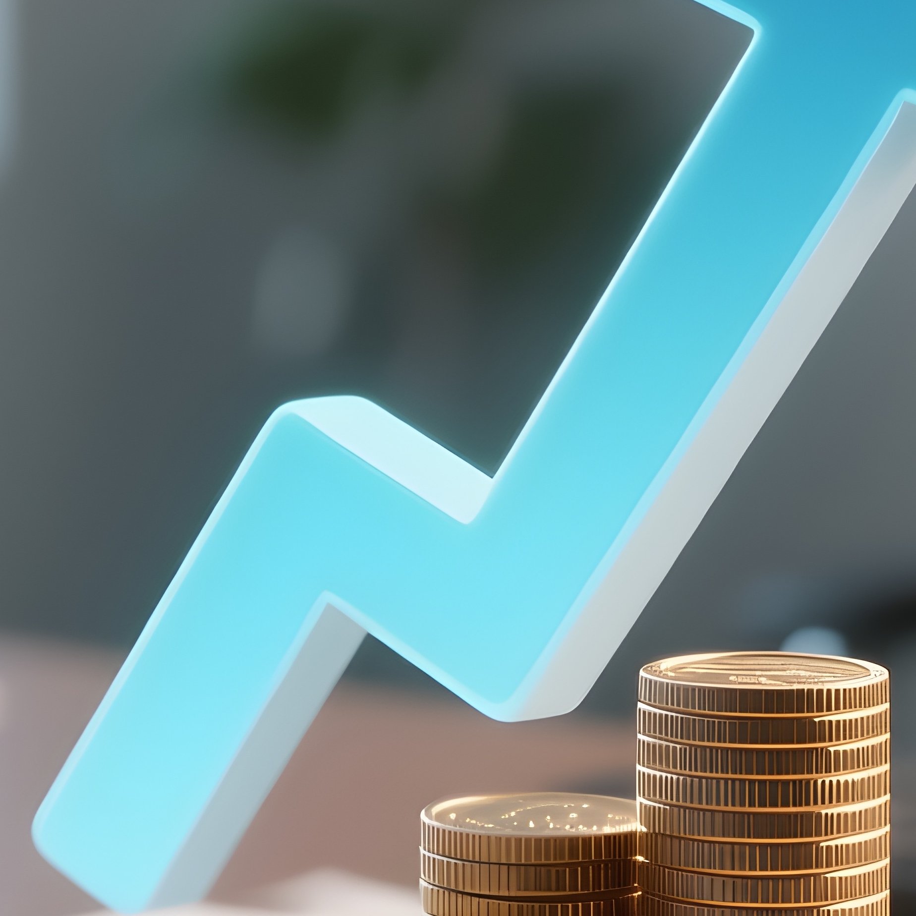 3D Rendered Upward Arrow Above Coins — Photorealistic Office Desk With Earnings Report - Full Resolution Quality Preview