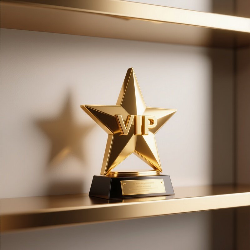 3D Rendered Vip Star Symbol In Gold — Photorealistic Star Award On A Polished Shelf