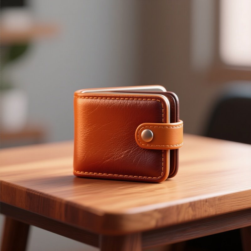 3D Rendered Wallet Icon In Vibrant Tones — Photorealistic Leather Wallet On A Wooden Table
