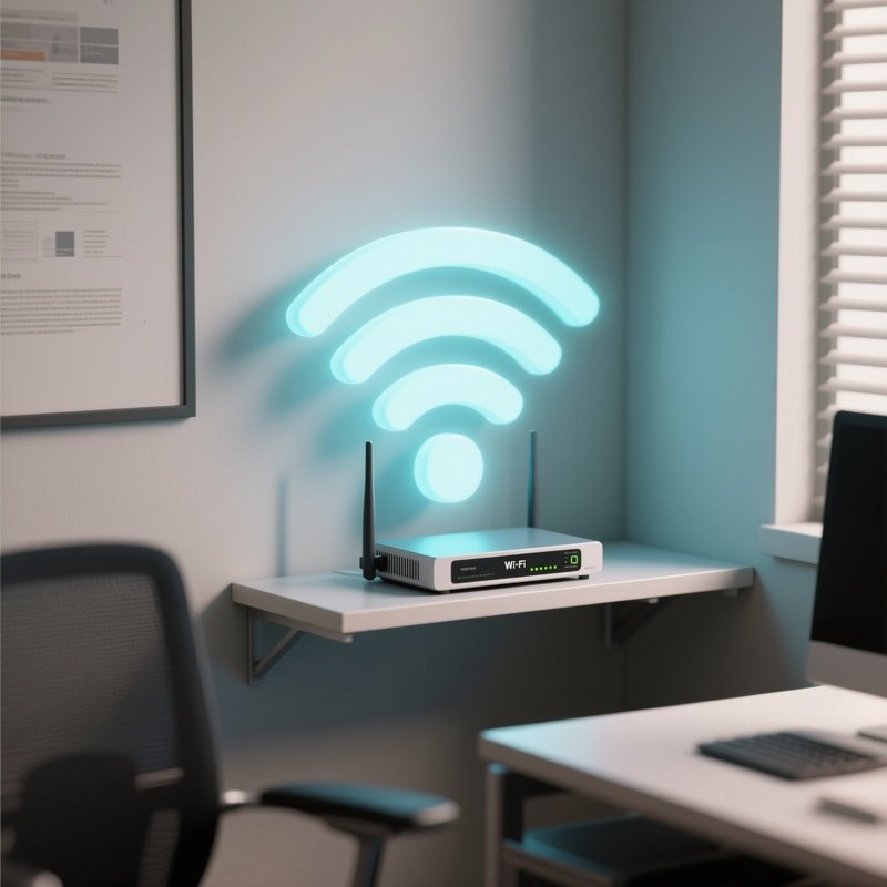 3D Rendered Wi Fi Symbol Glowing Softly — Photorealistic Wi Fi Router On A Shelf In An Office Corner