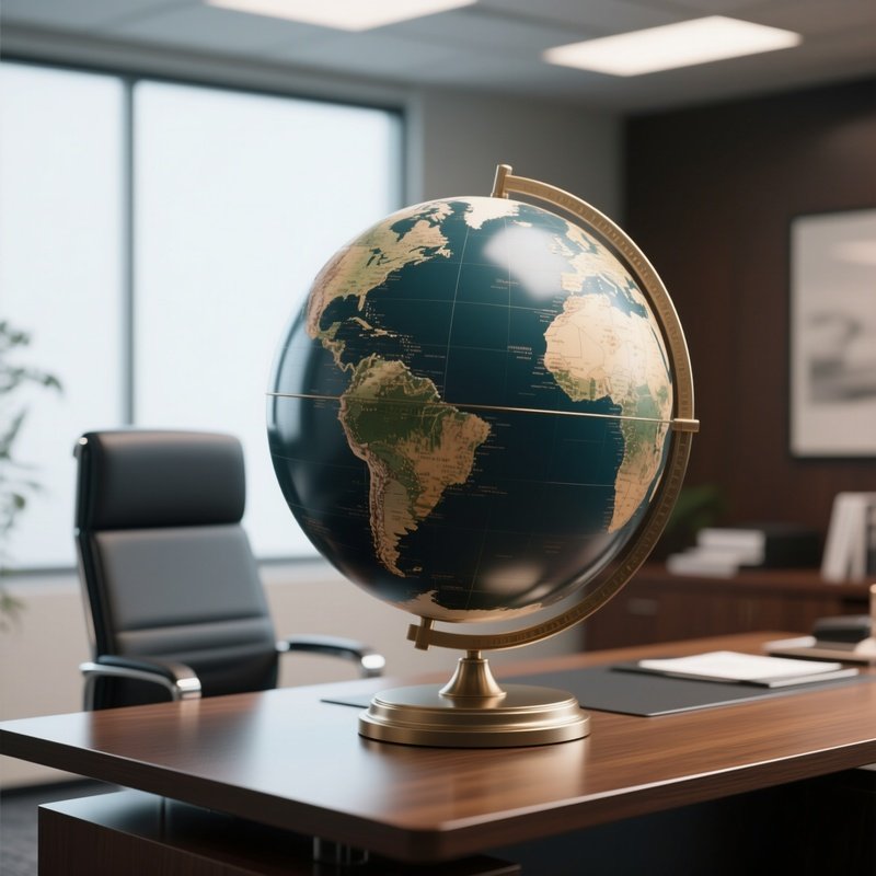 3D Rendered World Globe Rotating On A Pedestal — Photorealistic Physical Globe On A Ceo’S Office Desk