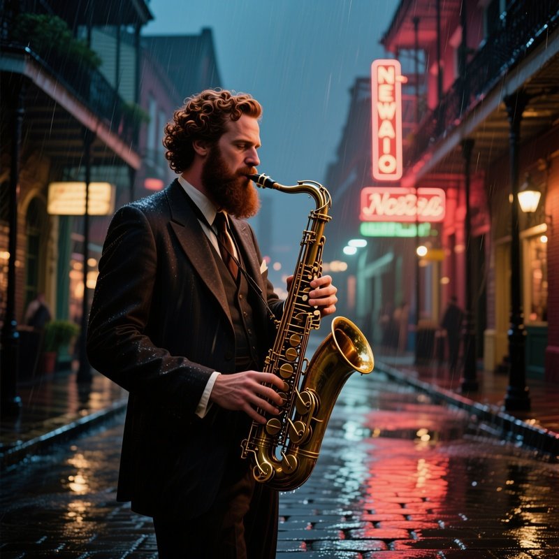 A 1920S Jazz Saxophonist Plays On A Dimly Lit New Orleans Street, His Curly Mahogany Beard