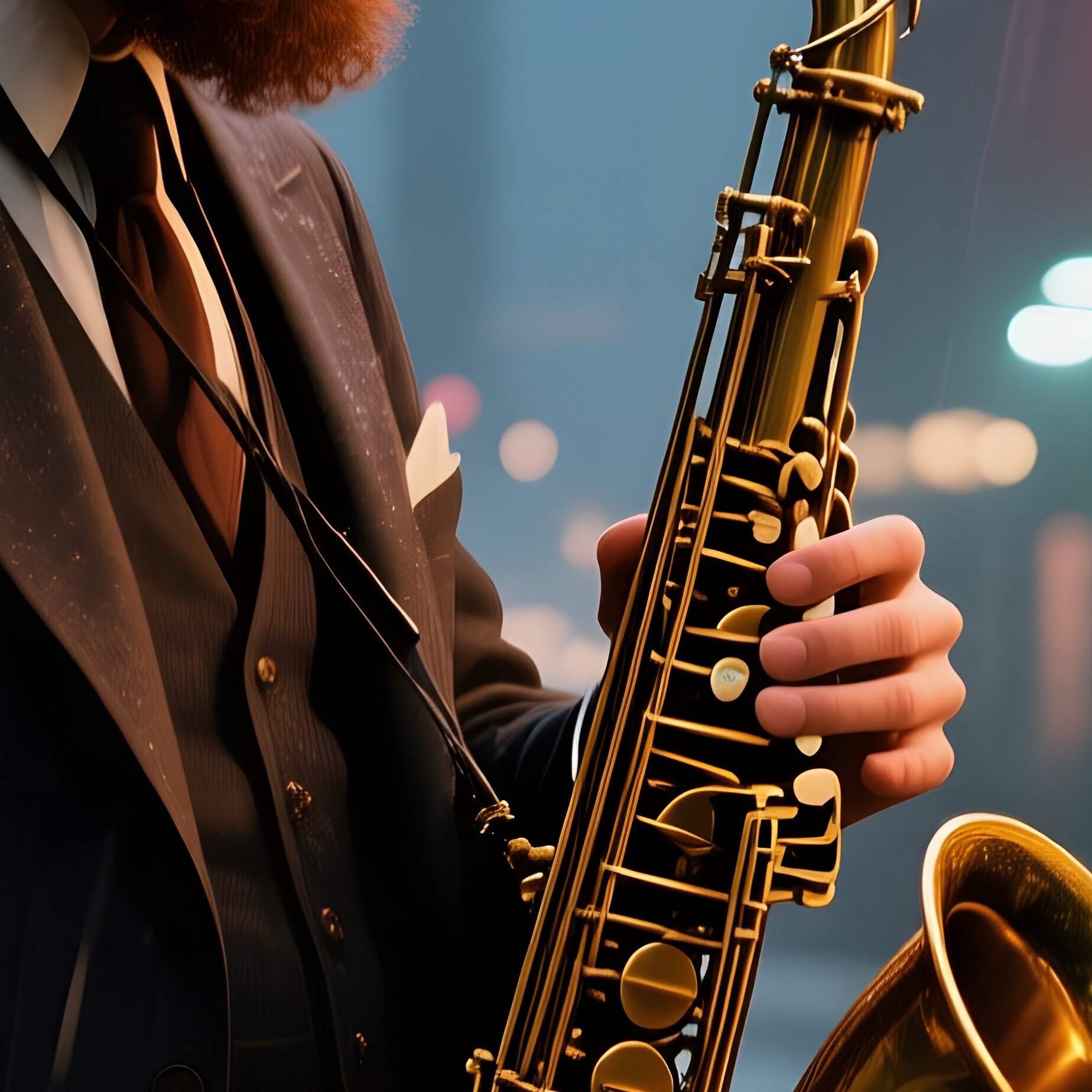 A 1920S Jazz Saxophonist Plays On A Dimly Lit New Orleans Street, His Curly Mahogany Beard - Full Resolution Quality Preview