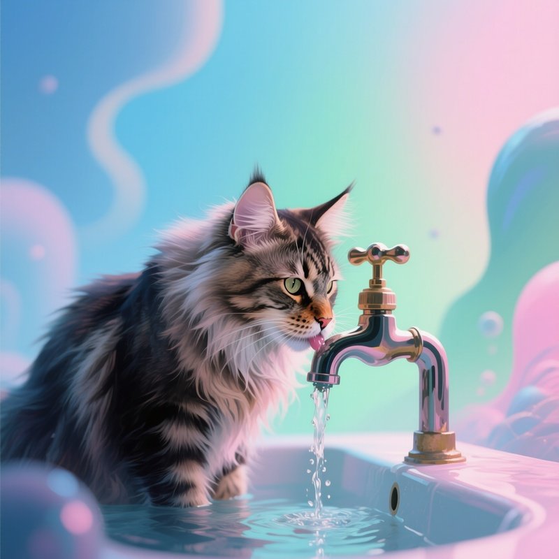 A Abstract Digital Art Of A Maine Coon Cat Drinking From A Running Tap