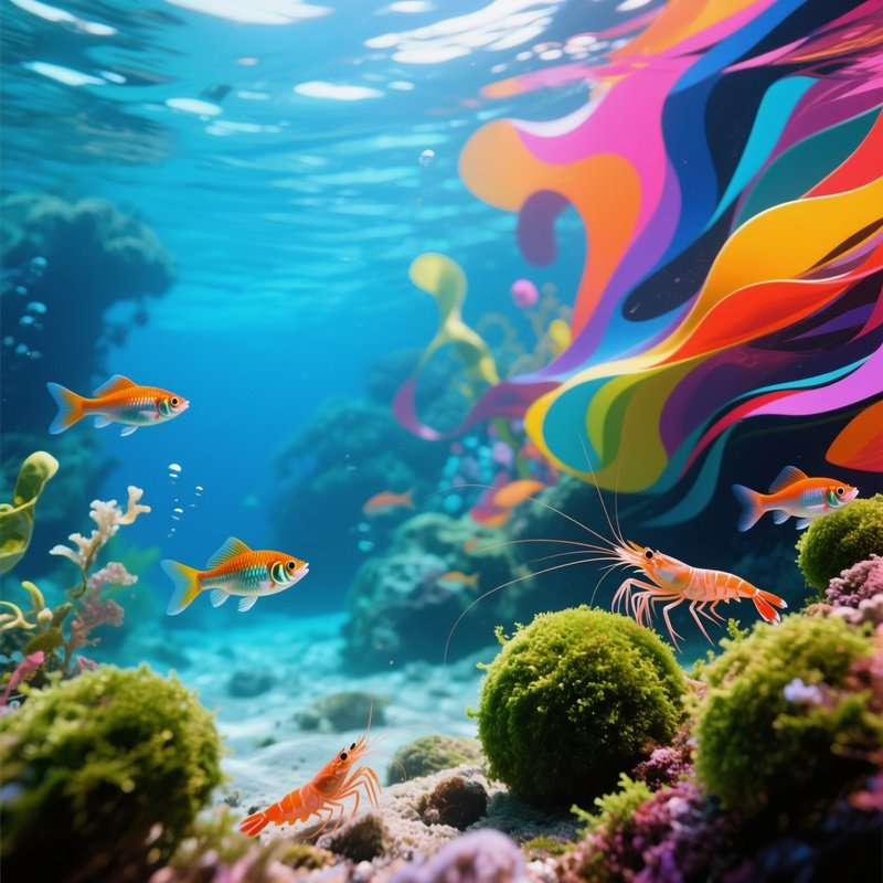 A Abstract Interpretation Of A Peaceful Scene Of Guppies And Shrimp Among Moss Balls