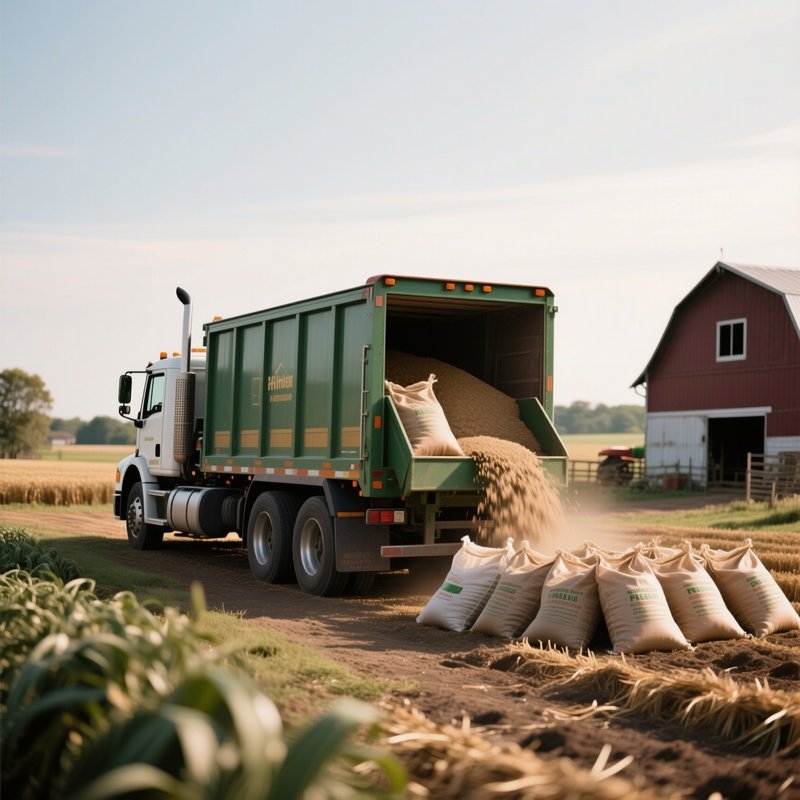 A Agricultural Feed Truck Delivering Bags To A Farmyard