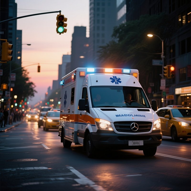 A Ambulance Style Van Driving Through City Traffic Lights At Dusk