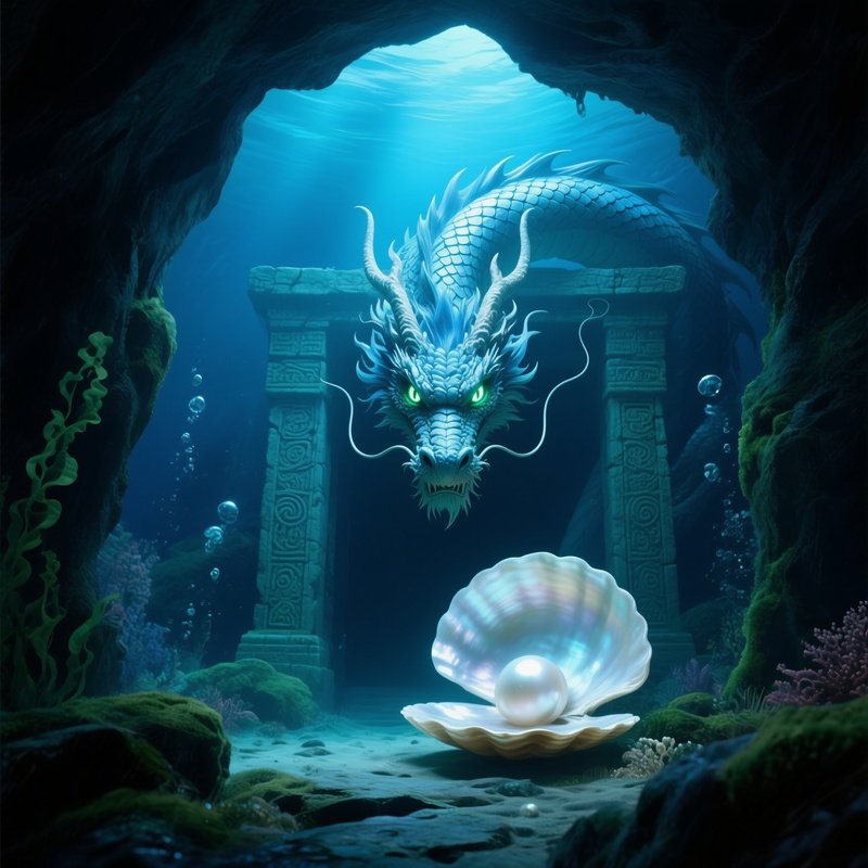 A Ancient Mythology Sea Dragon Guarding A Pearl Cave Underwater