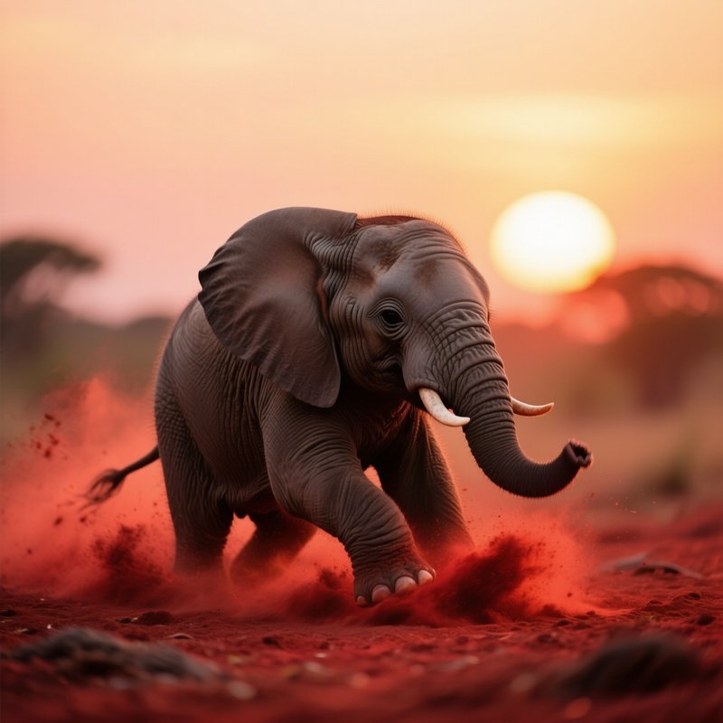 A Baby Elephant Playing In Red Dust At Sunset.