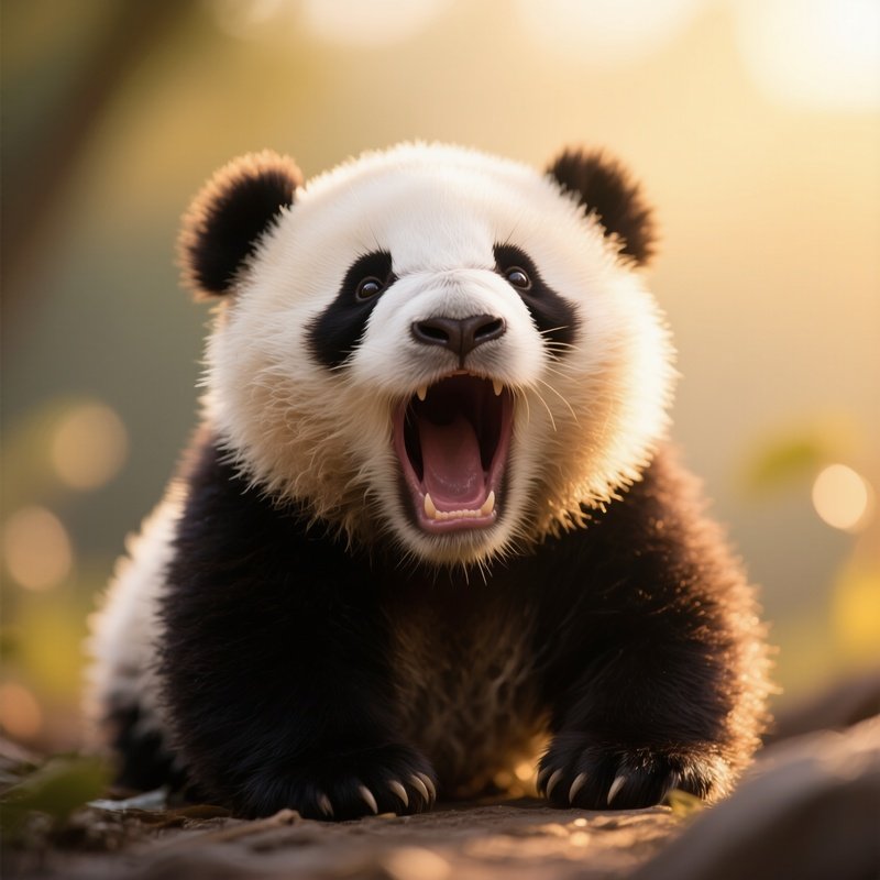 A Baby Giant Panda Yawning In Golden Morning Light.