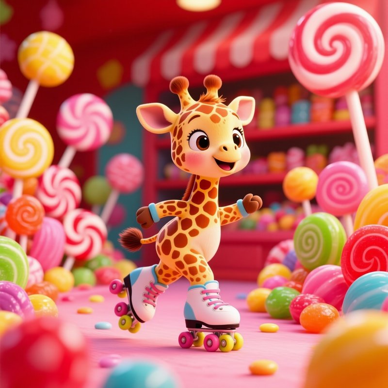 A Baby Giraffe Roller Skating Through A Candy Store