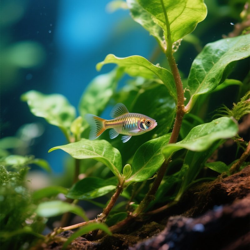A Baby Guppy Hiding In Dense Plant Cover