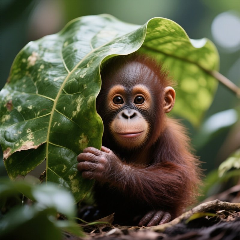 A Baby Orangutan Hiding Behind A Giant Leaf.