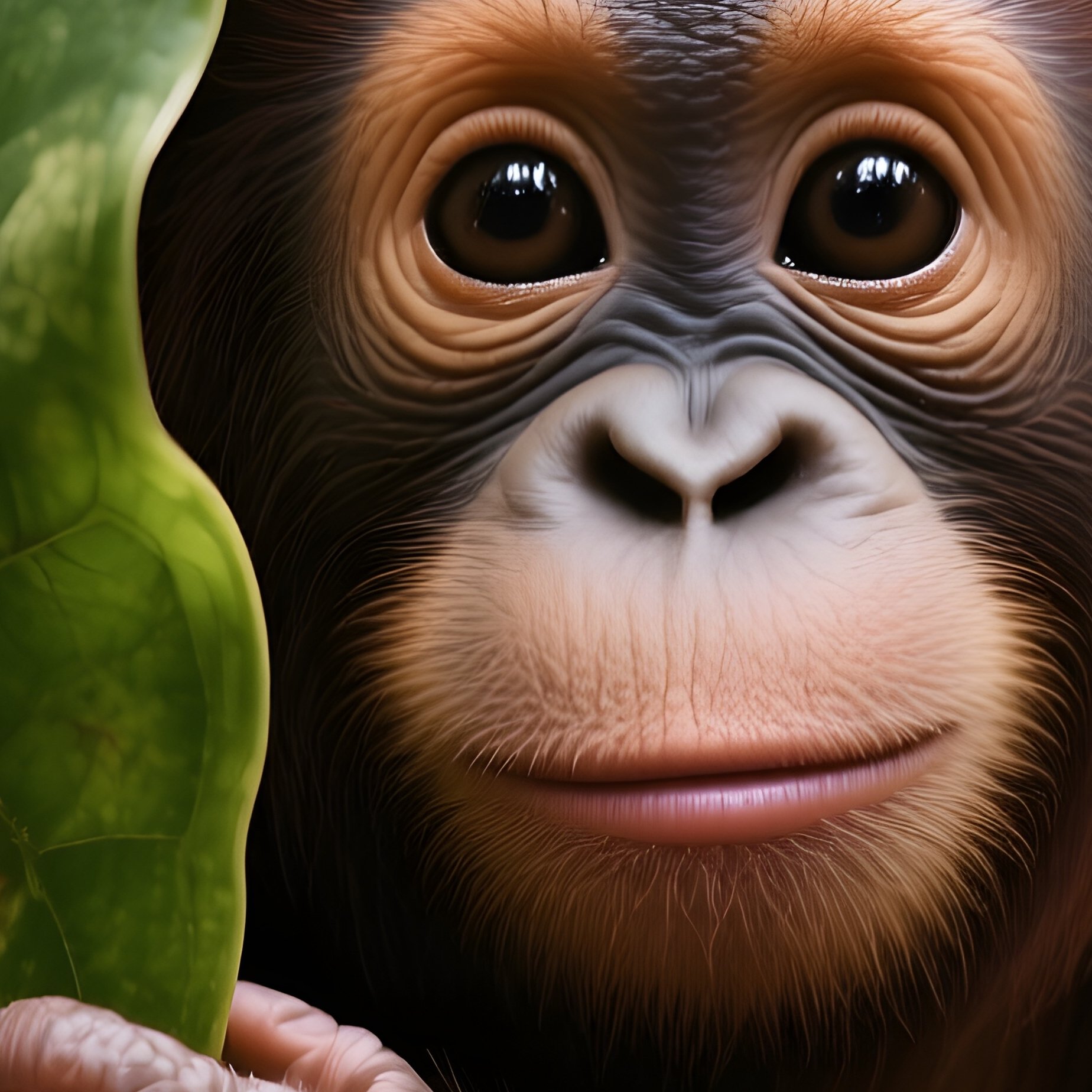 A Baby Orangutan Hiding Behind A Giant Leaf. - Full Resolution Quality Preview