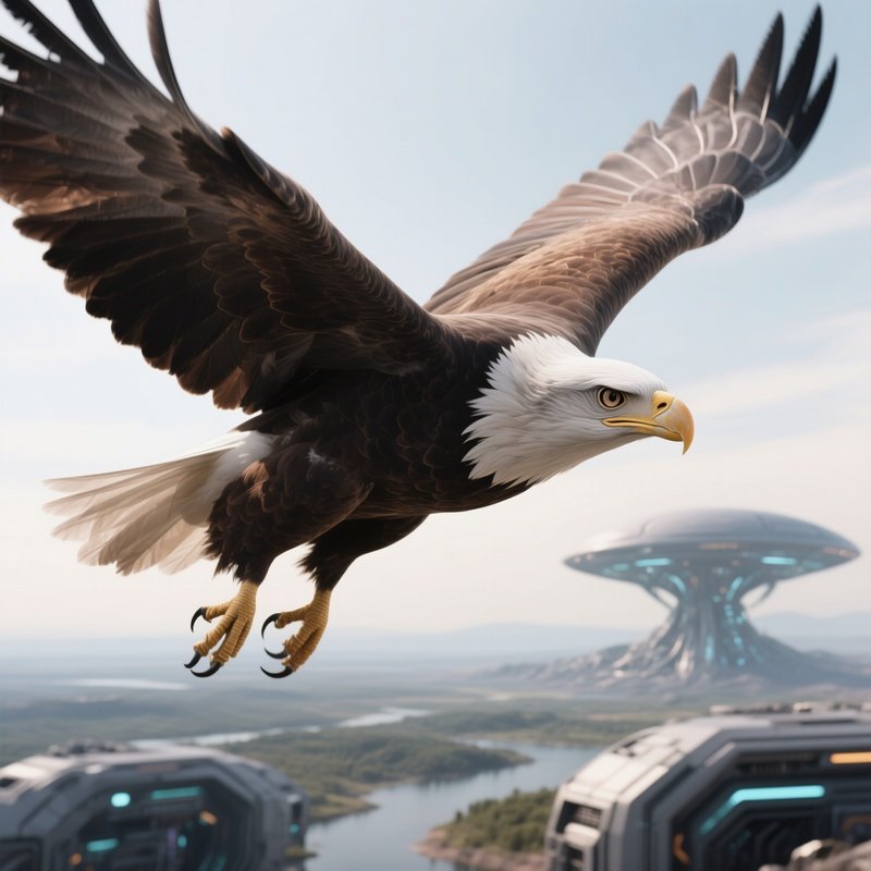 A Bald Eagle Hovering Midair With Focused Eyes Science Fiction