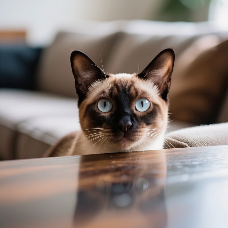 A Balinese Cat Peeking Over Couch Edge