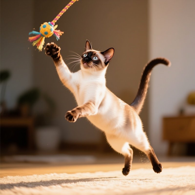 A Balinese Cat Playing With A Toy In The Air