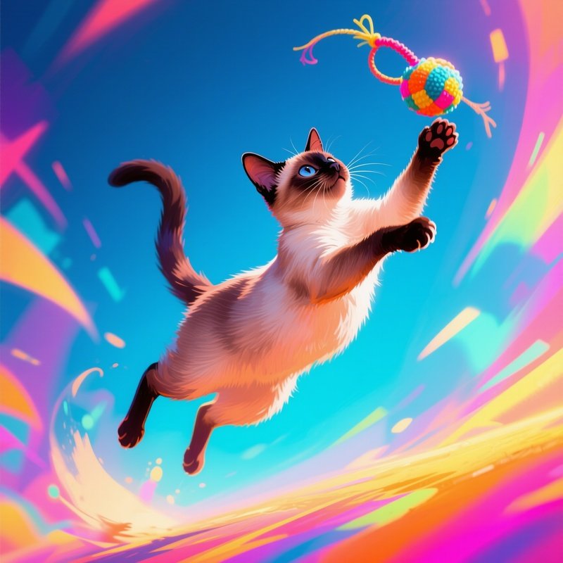 A Balinese Cat Playing With A Toy In The Air Digital Art