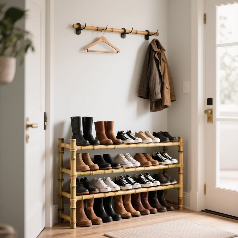 A Bamboo Shoe Rack Placed In A Bright Entryway, Neatly Organizing Rows Of Boots And Sneakers, With A Coat Rack Mounted On The Wall Above.