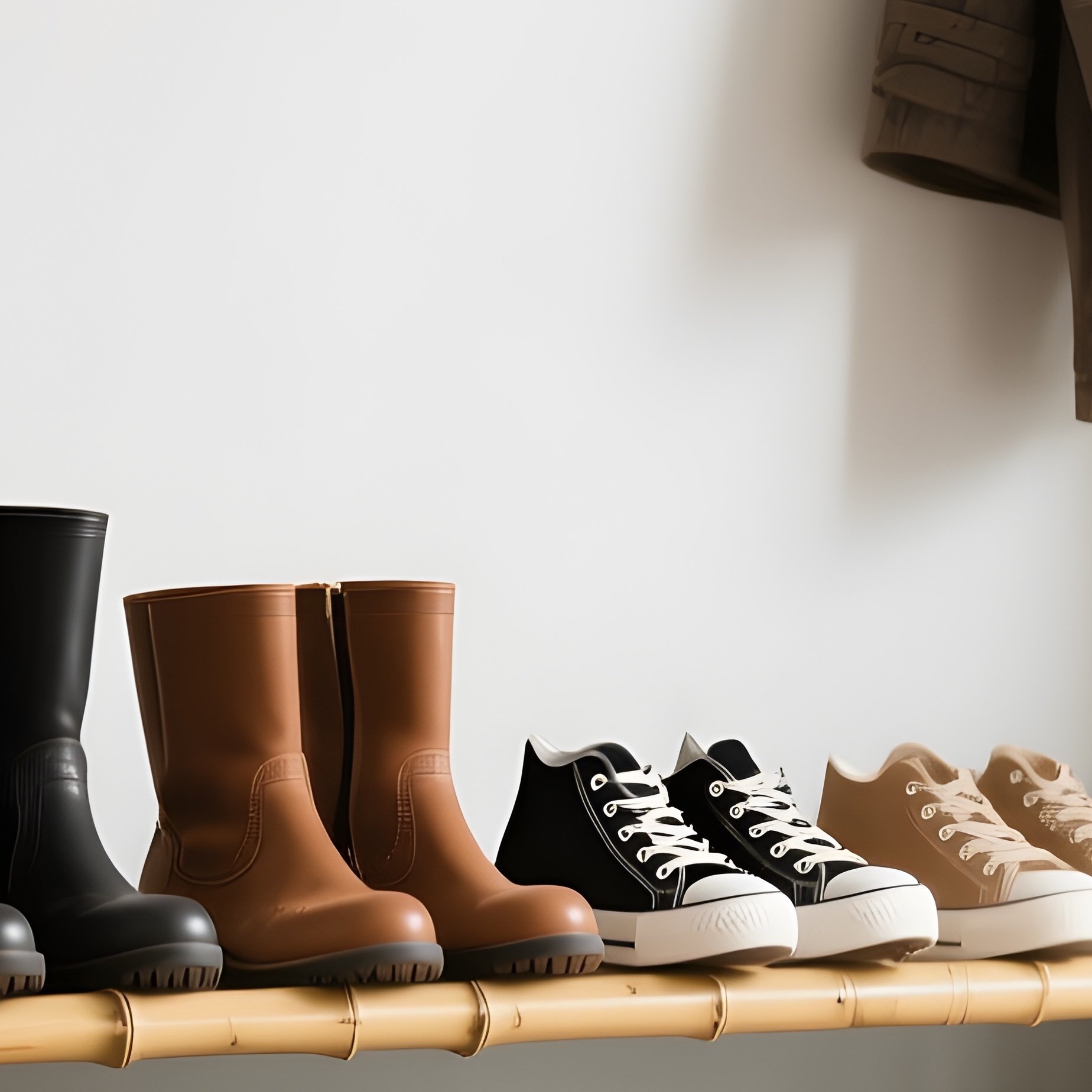 A Bamboo Shoe Rack Placed In A Bright Entryway, Neatly Organizing Rows Of Boots And Sneakers, With A Coat Rack Mounted On The Wall Above. - Full Resolution Quality Preview