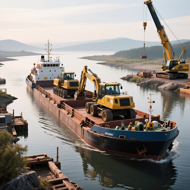 A Barge Carrying Construction Machinery To A Remote Worksite