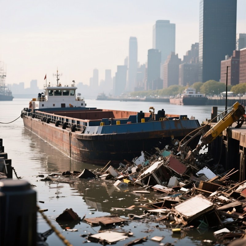 A Barge Removing Debris From A City Waterfront Area