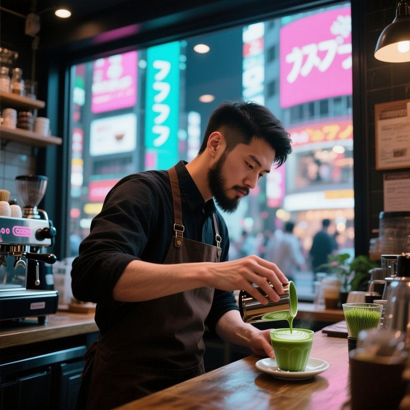 A Barista In A Bustling Tokyo Coffee Shop Prepares Matcha Latte, His Sleek Short Beard Catching The