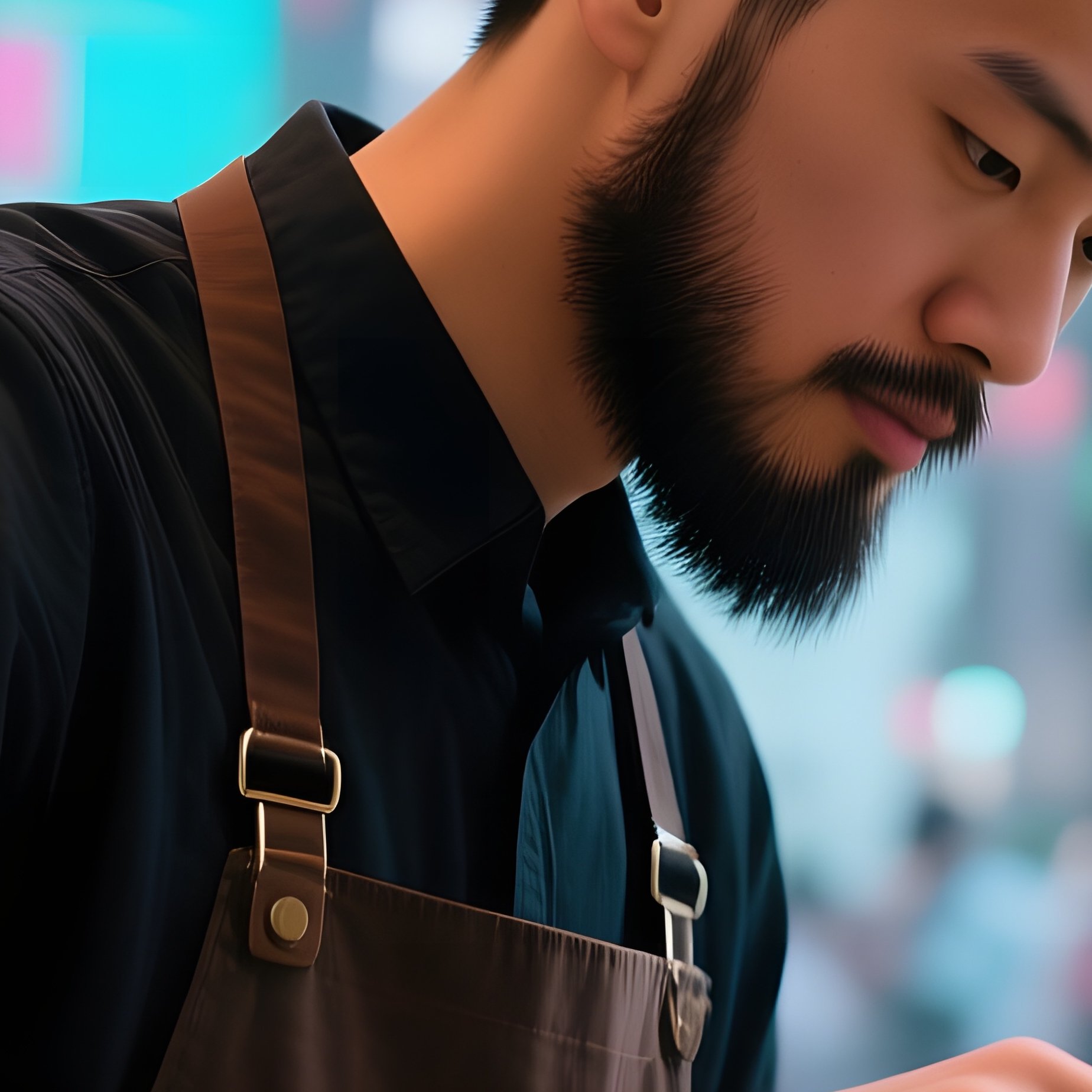 A Barista In A Bustling Tokyo Coffee Shop Prepares Matcha Latte, His Sleek Short Beard Catching The - Full Resolution Quality Preview
