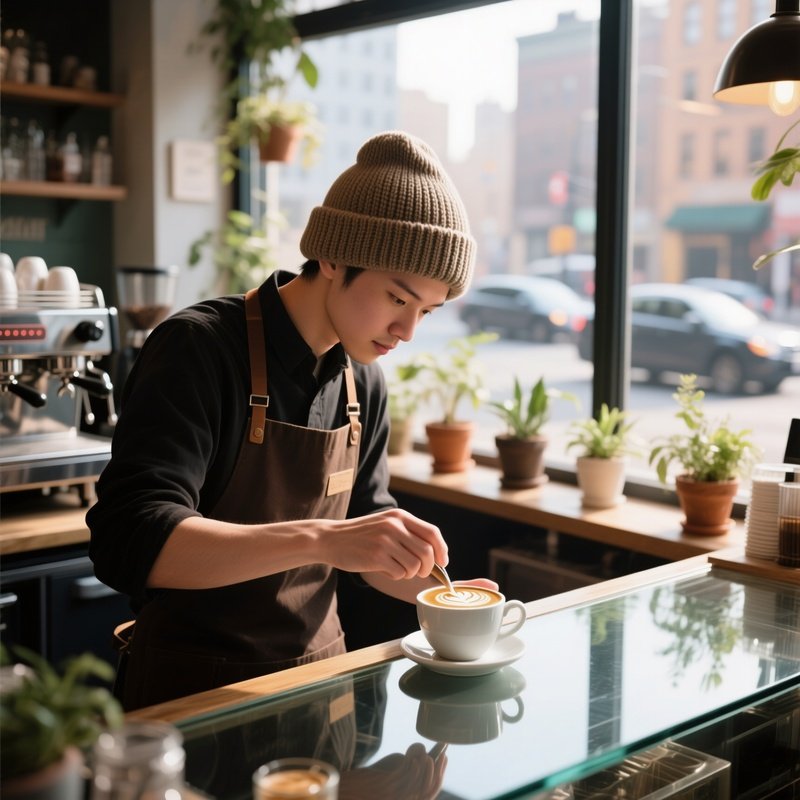 A Barista In A Knitted Beanie Prepares Latte Art Behind A Glass Counter In A Sunlit Café, Potted