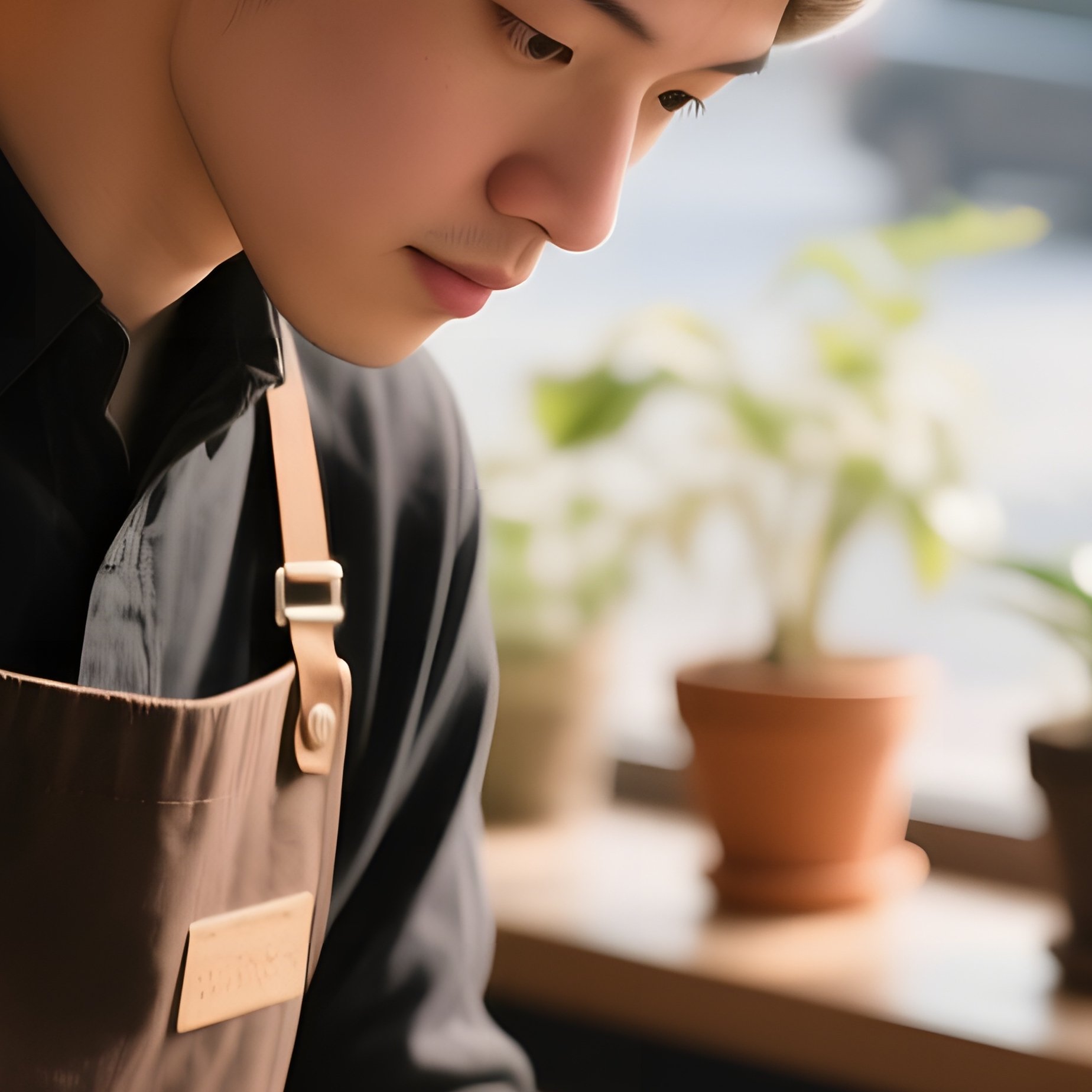 A Barista In A Knitted Beanie Prepares Latte Art Behind A Glass Counter In A Sunlit Café, Potted - Full Resolution Quality Preview