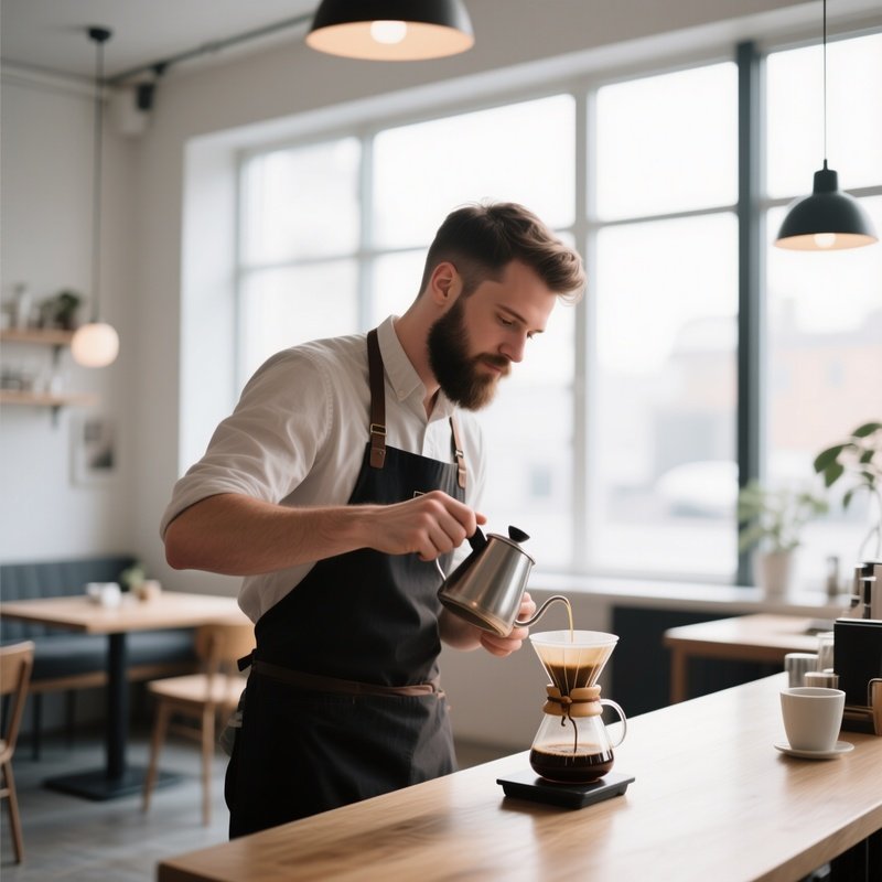 A Barista In A Minimalist Scandinavian Café Prepares Pour‑Over Coffee, His Neatly Trimmed Beard