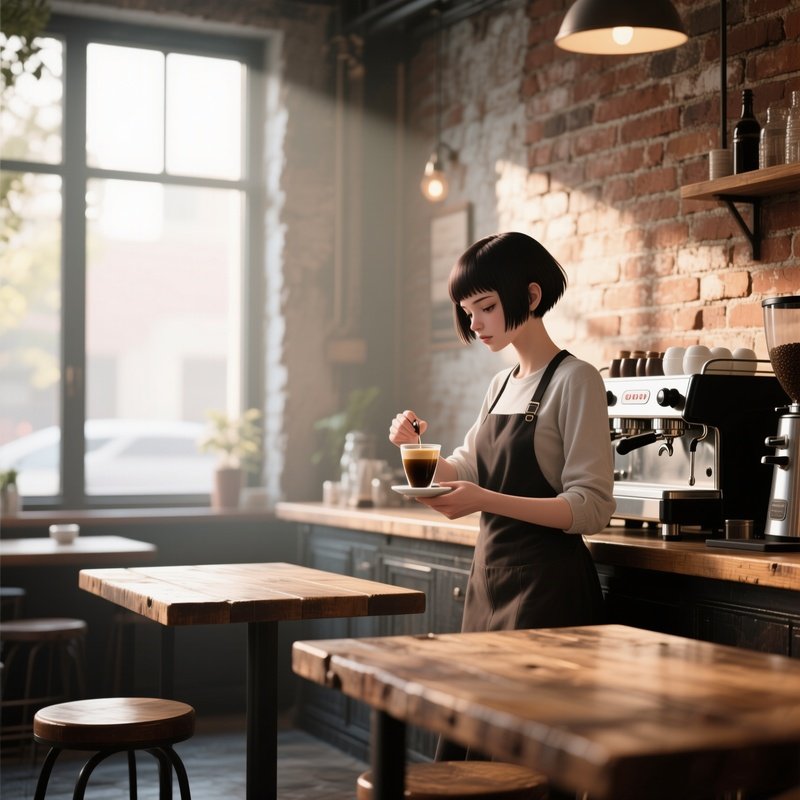 A Barista With A Trendy Pixie Cut Prepares Espresso Behind A Rustic Brick Wall, Morning Sunlight