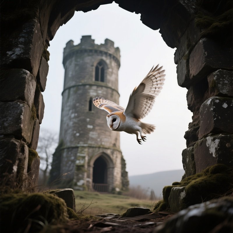 A Barn Owl In Silent Flight Through A Ruined Stone Tower.