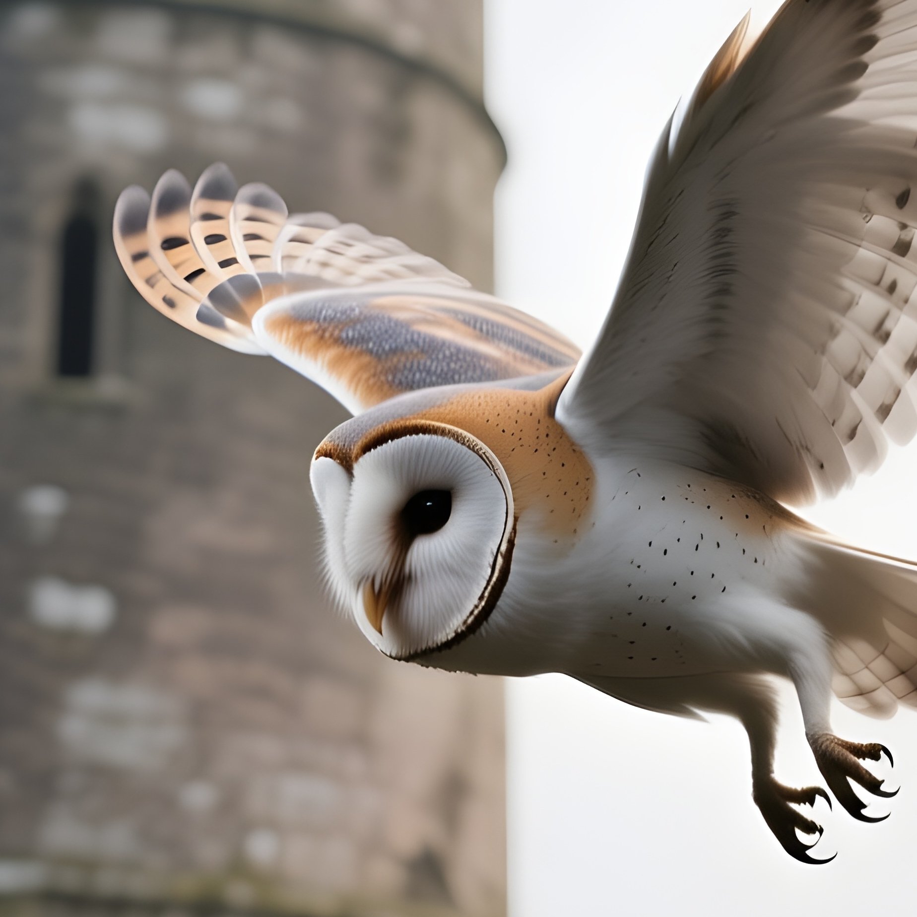 A Barn Owl In Silent Flight Through A Ruined Stone Tower. - Full Resolution Quality Preview